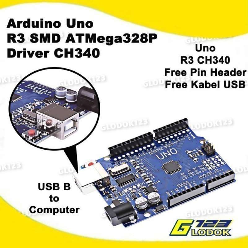 Promo ARDUINO UNO R3 SMD CH340 ATMEGA328P + PIN HEADER + KABEL USB ...
