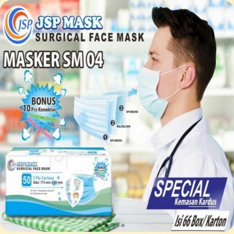 Jual MASKER MEDIS JSP 3 PLY 1 BOX ISI 50 PCS SM 04- SURGICA   L MASK