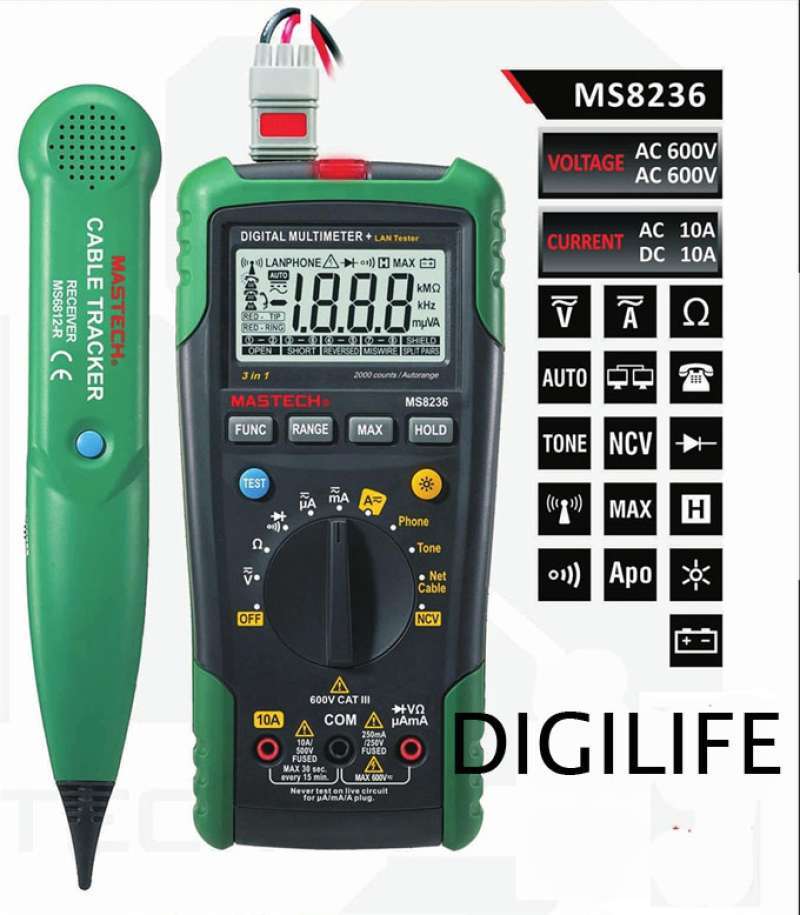 Jual MS8236 Mastech Multimeter LAN Cable Tracker Wire Network Tester