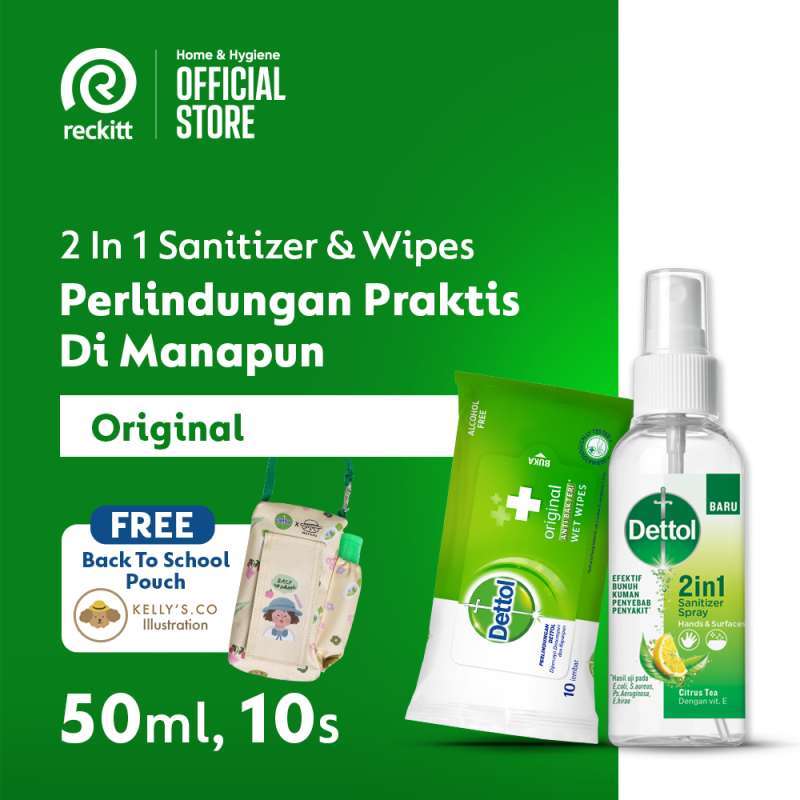 Jual Dettol 2in1 Hand Sanitizer Spray [50mL] + Wipes Original [10s