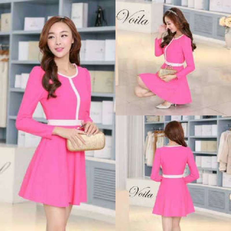 Jual dress pink polos lengan panjang (valentina dress VL) di Seller
