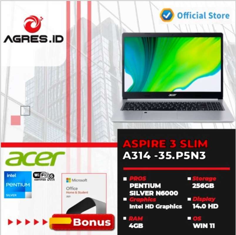 Jual ACER ASPIRE 3 SLIM A314 35.P5N3 PENTIUM SILVER N6000 4GB 256SSD