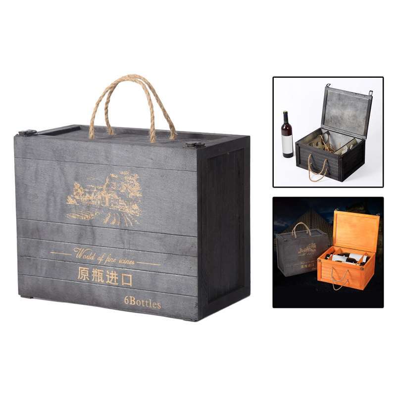 Promo Antique Wooden Wine Box Fixed Hole Design Wine Gift Box with Lid