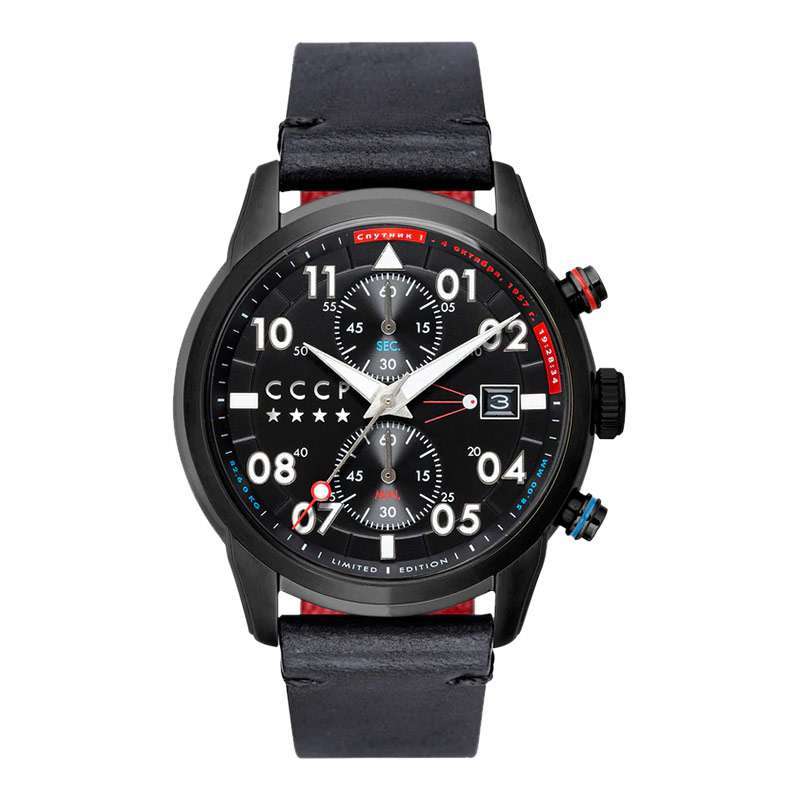 Promo CCCP Sputnik CP-7098-03 Chronograph Men Black Dial Black Leather ...