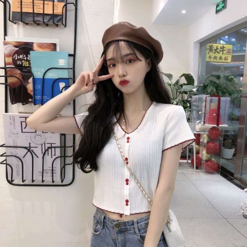 Jual Ielgy Kaos T-Shirt Rajut V-Neck Lengan Pendek Gaya Korea Untuk