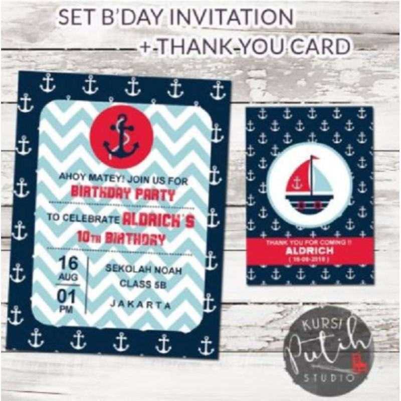 Jual 1 Set Birthday Invitation and Thank You Card Tema Sailor Navy di