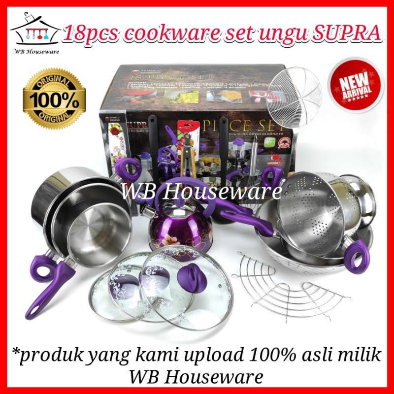 Jual panci set 18pcs merk Supra terlengkap cookware set 18pcs ungu