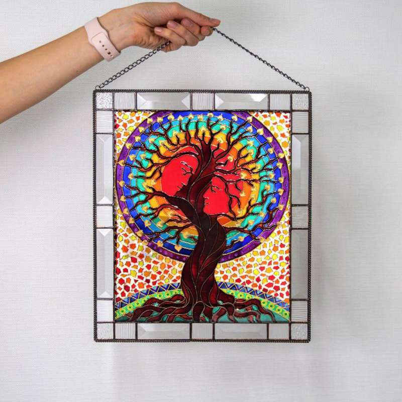Promo Stained Glass Rectangle Window Panel Suncatcher Wall Decor Tree