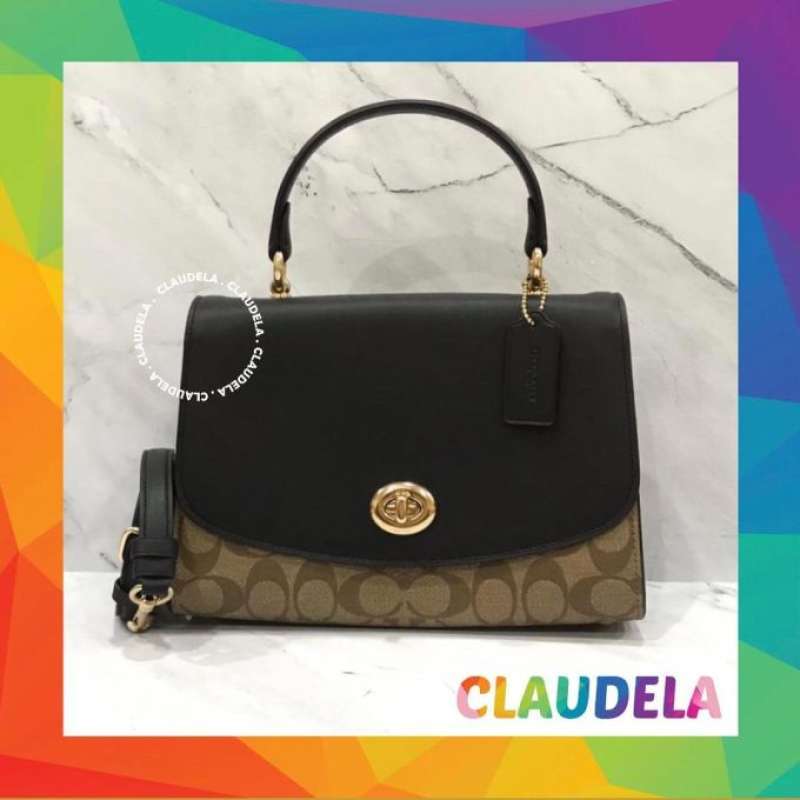 Jual COACH Tilly Top Handle Satchel Carryall in Signature Khaki Black