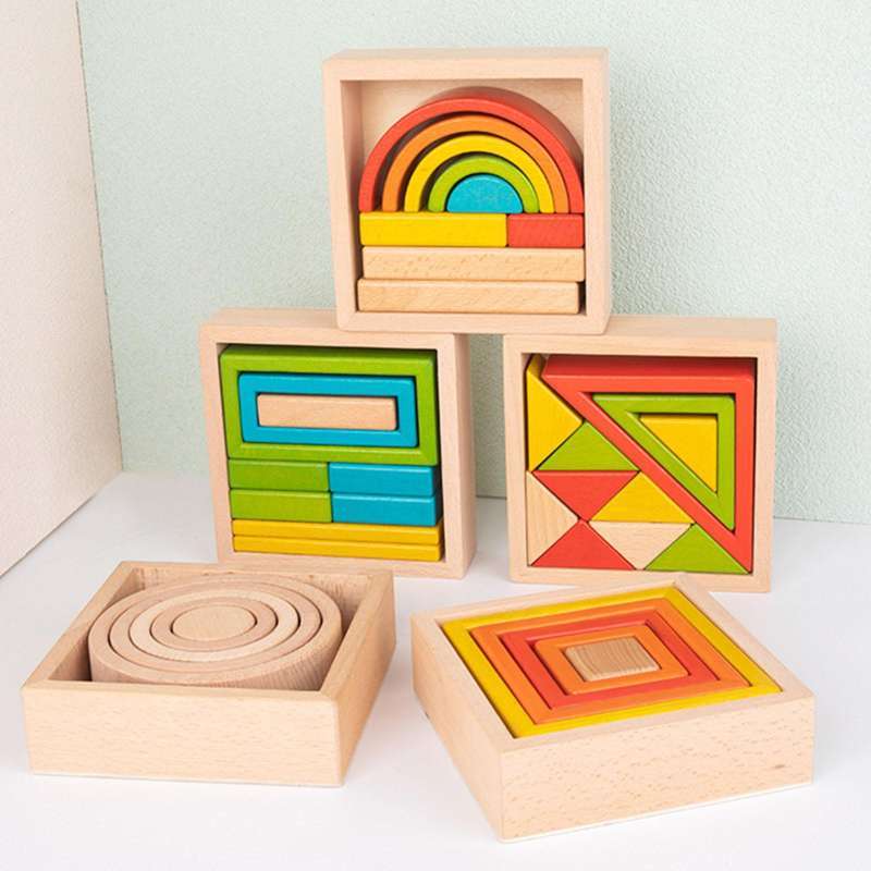 Jual Wooden Stacker Nesting Puzzle Blocks Montessori for Kids Rainbow ...