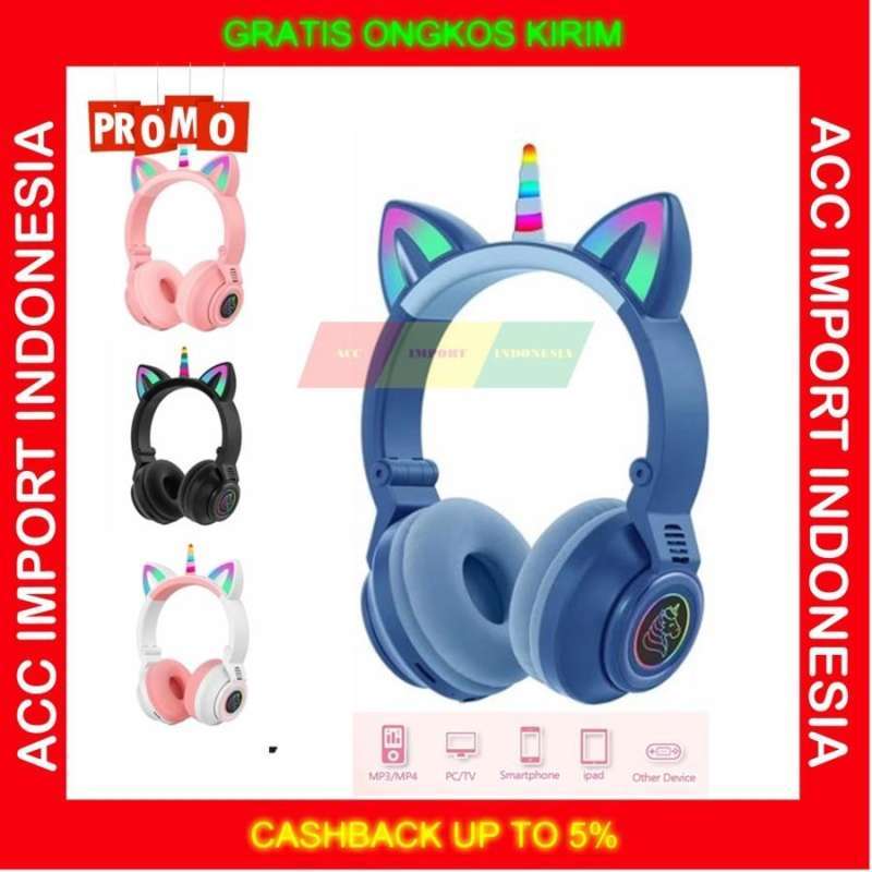Jual Headphone Bluetooth STN 27 Headset Belajar Online Unicorn LED Cat