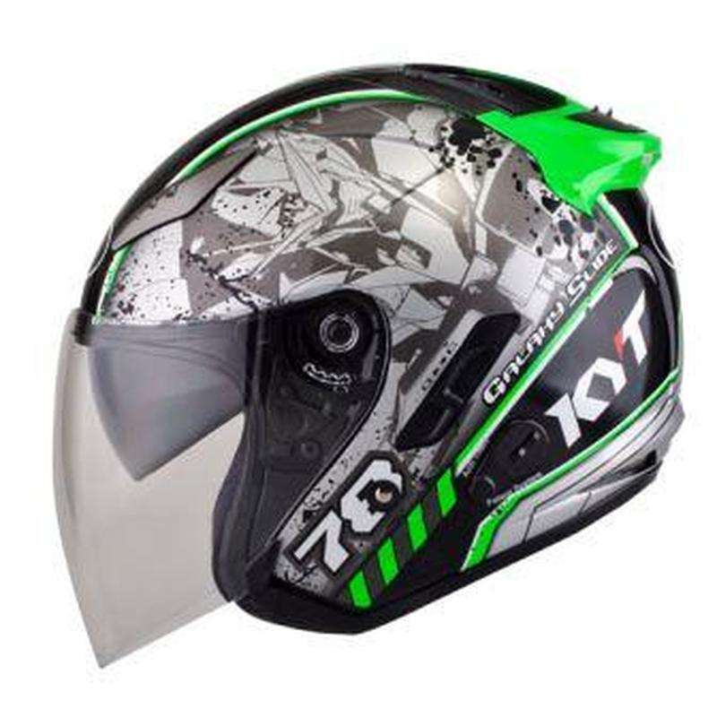 Jual Helm KYT Galaxy Slide Hitam Hijau Half Face Double Visor di Seller
