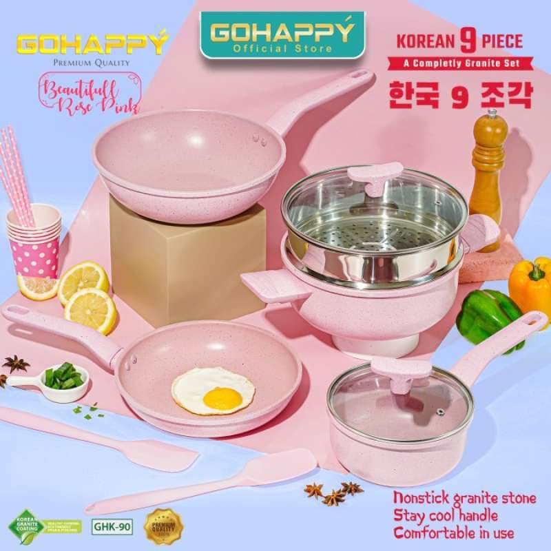 Jual Gohappy Panci Set Korean 9 piece Beautiful Pink Granite cookware TERJAMIN di Seller SNJ