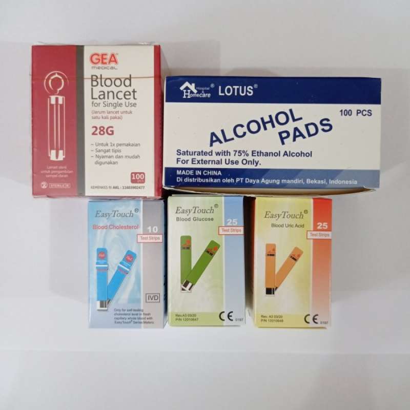 Jual strip easy touch paket + alkohol swab + blood lancet isi 100 di