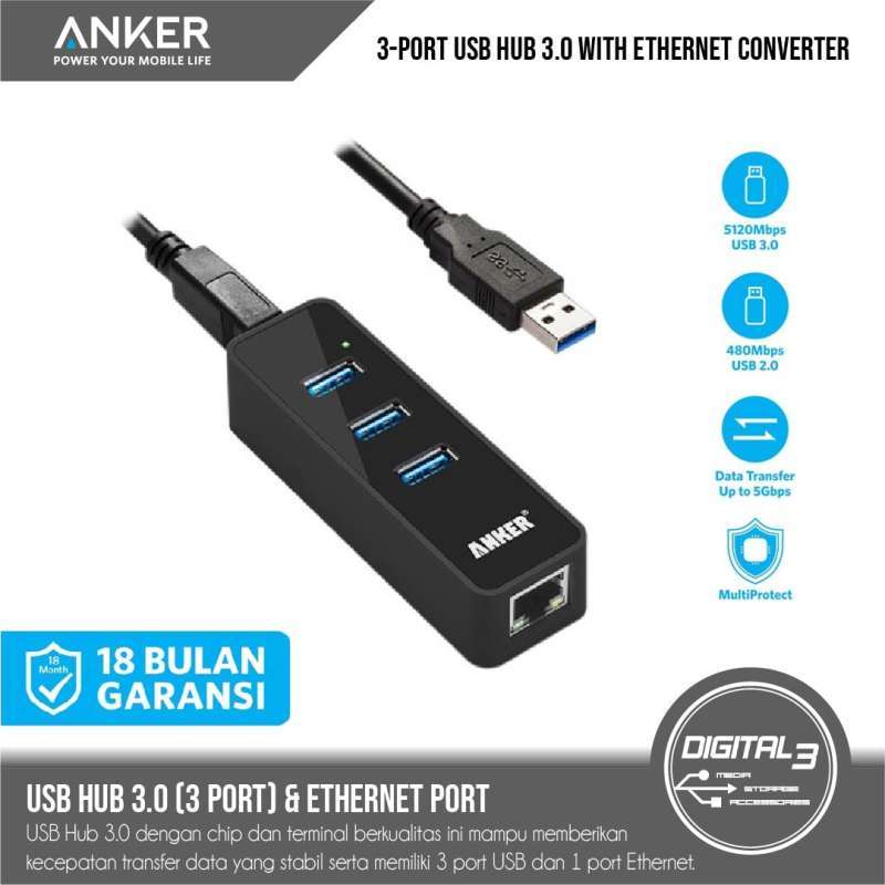 Promo Anker USB-A 3-Port USB 3.0 Hub With Ethernet Converter Macbook ...