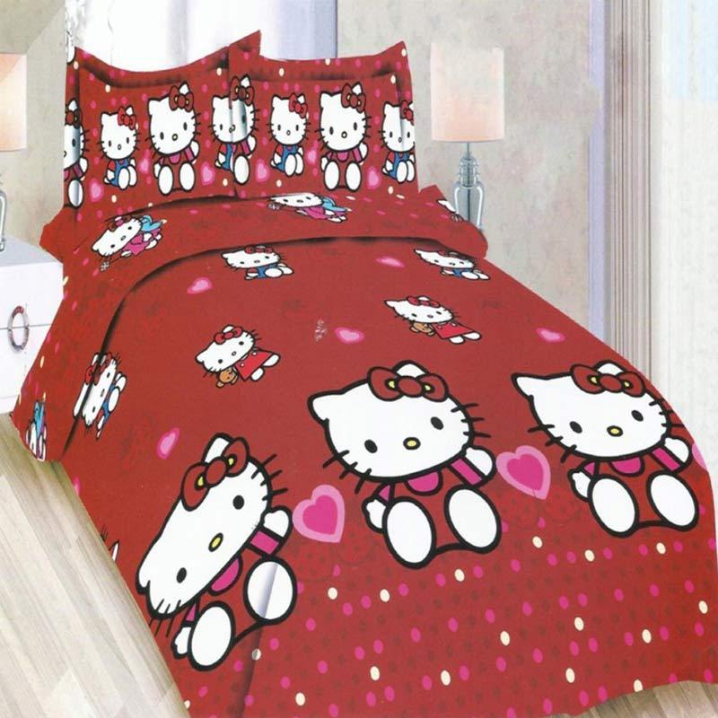 Jual Bonita Motif Hello Kitty Red Set Sprei Rumbai dan Bed Cover di