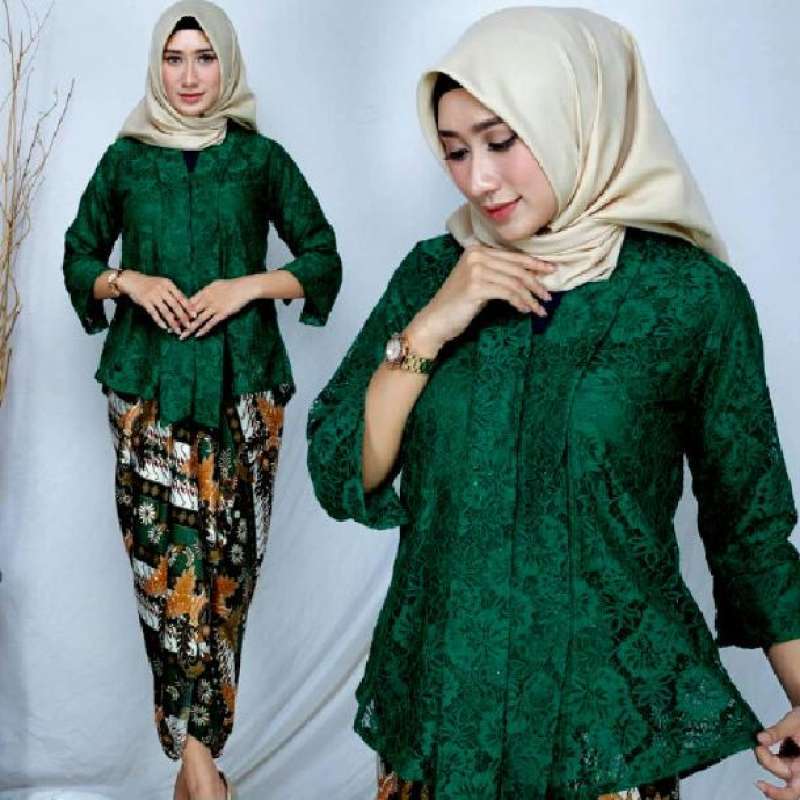 Jual Setelan Kebaya Modern Kutu baru Brokat Floy Hijau Botol Dan Warna