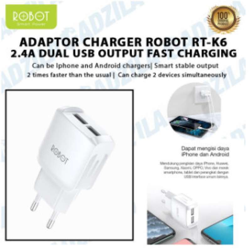 Promo Adaptor Charger ROBOT Kepala 2 USB Original ORI Samsung Android