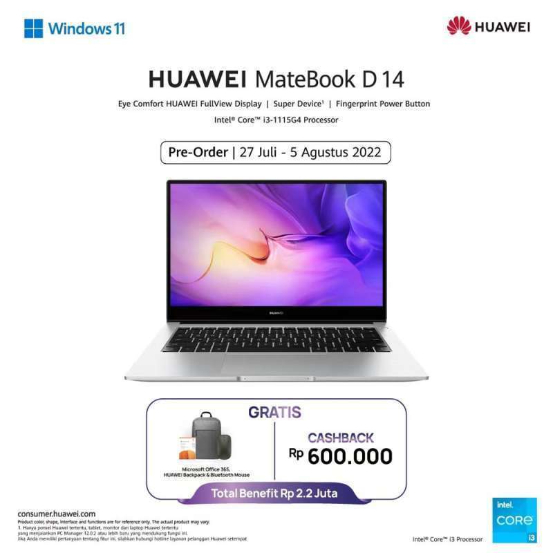 Jual HUAWEI MateBook D14 Intel Core i3-1115G4 8GB 256GB SSD 14 W11 di ...