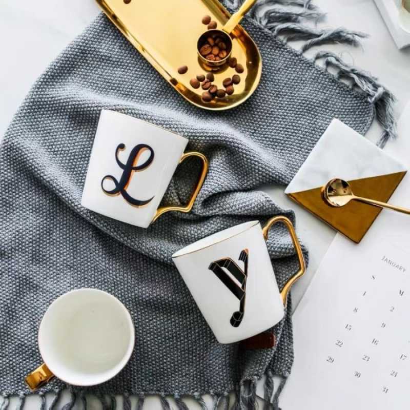 Promo Royal Alphabet Mug gelas korea gold emas keramik kaca aesthetic