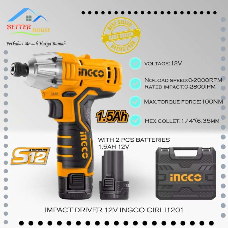 Jual Impact Driver Cordless (12V 100Nm) INGCO CIRLI1201 Obeng Elektrik