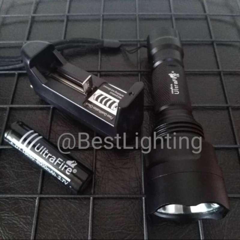 Jual Paket Senter LED Police Q5 Swat C8 Cree 5Mode batere black sinar