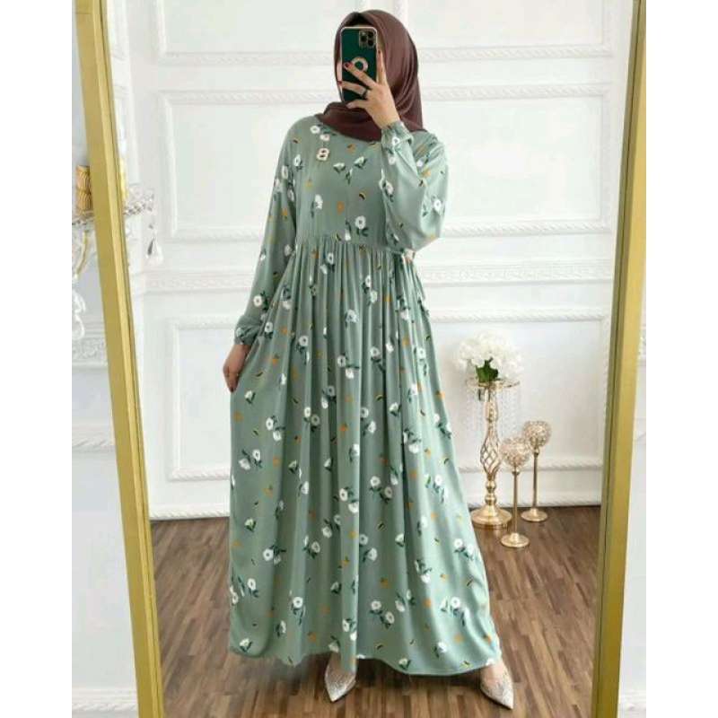 Jual GAMIS RAYON ANGGREK MINT DRESS MOTIF BUNGA PUTIH HIJAU BUSUI