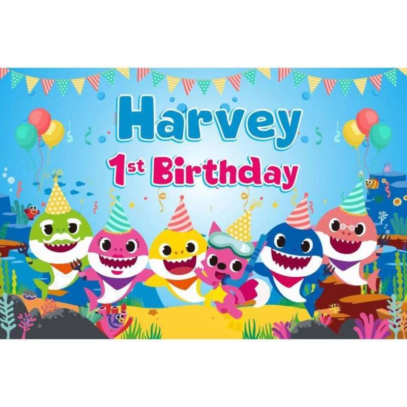 Jual Backdrop Ulang Tahun Baby Shark Babyshark Ikan Hiu - Dengan Foto