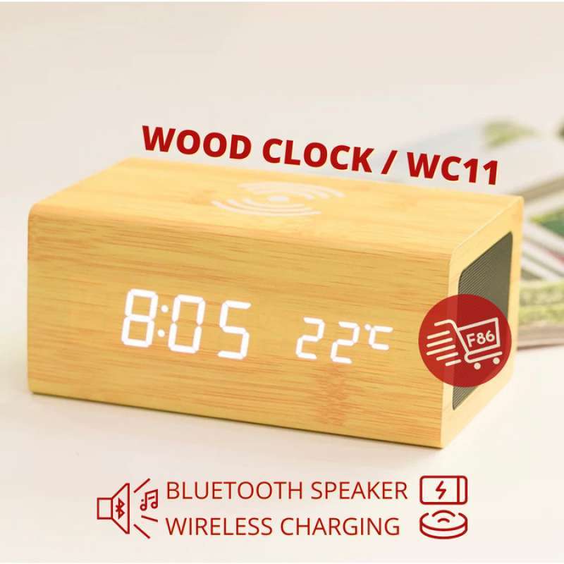 Promo F86 Jam Digital Kayu Smart Wood Clock Wireless Charging