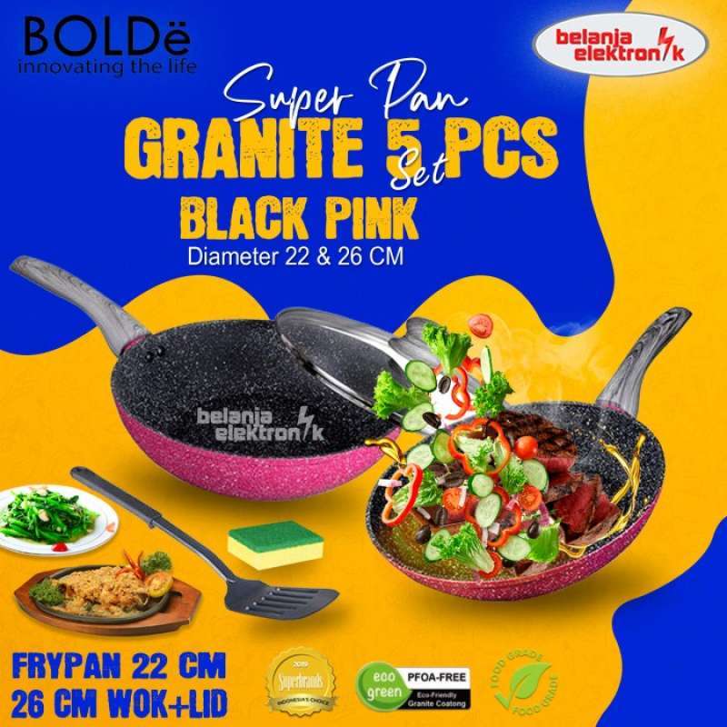 Jual BOLDE SUPER PAN GRANITE 5 PCS SET FRY PAN 22 CM WOK 26 CM BLACK