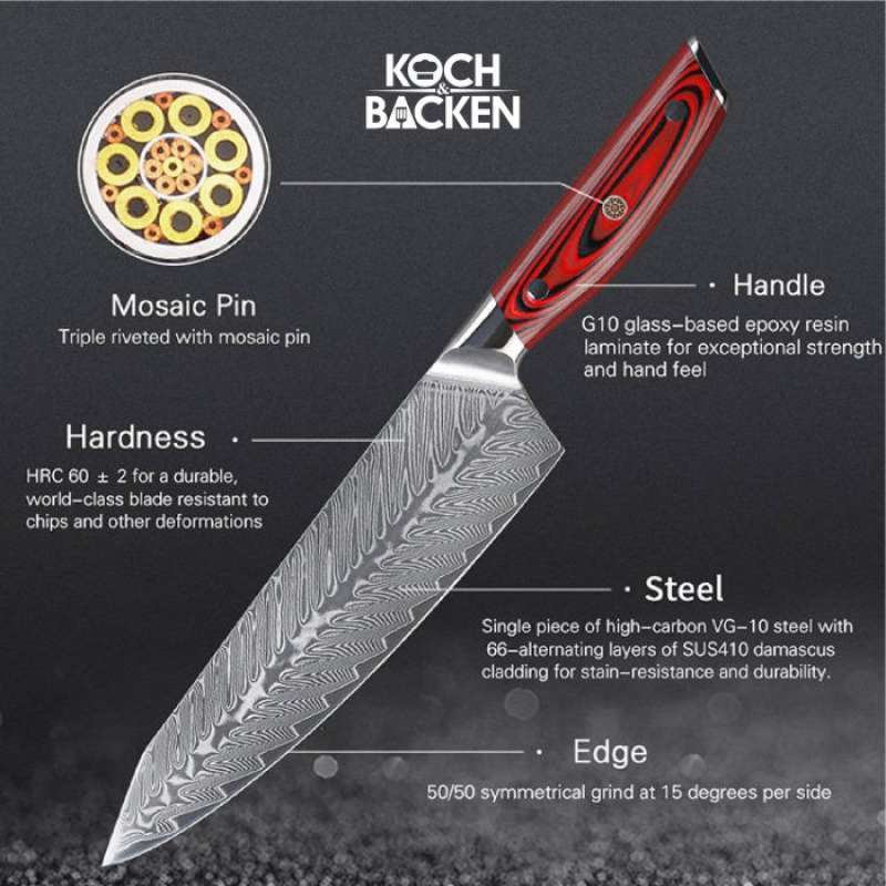 oFuun Couteau Cuisine Damas, 19,3cm Couteau Japonais en 67 Couche Acier
