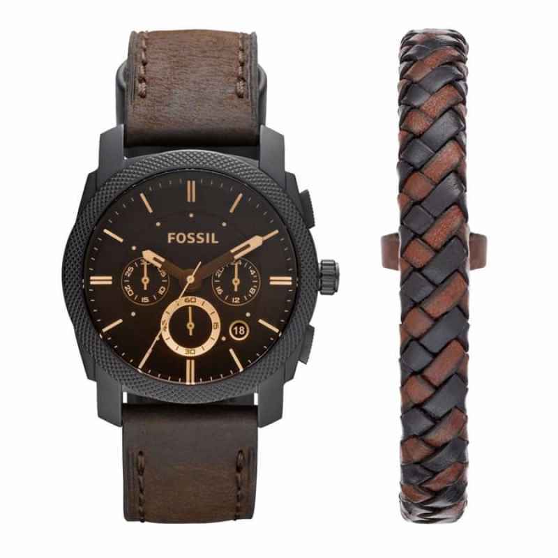 Jual Lelang 13 Jam Tangan Pria Fossil FS4656 Set Gelang Machine Chronograph Tali Kulit Leather
