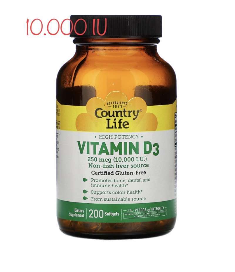 Promo Country Life Vitamin D3 10000 IU 10000IU 250 mcg 200 softgels