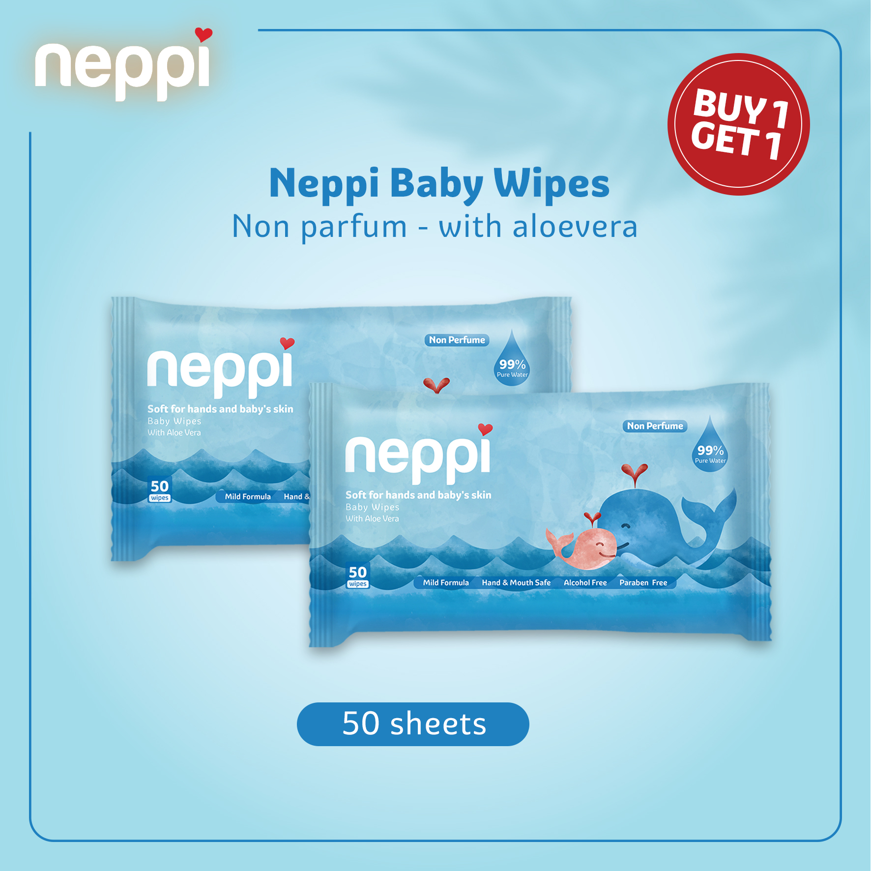 Promo Buy 1 Get 1 - Neppi Baby Wipes Non Parfume [50 Sheets] Diskon 50% ...