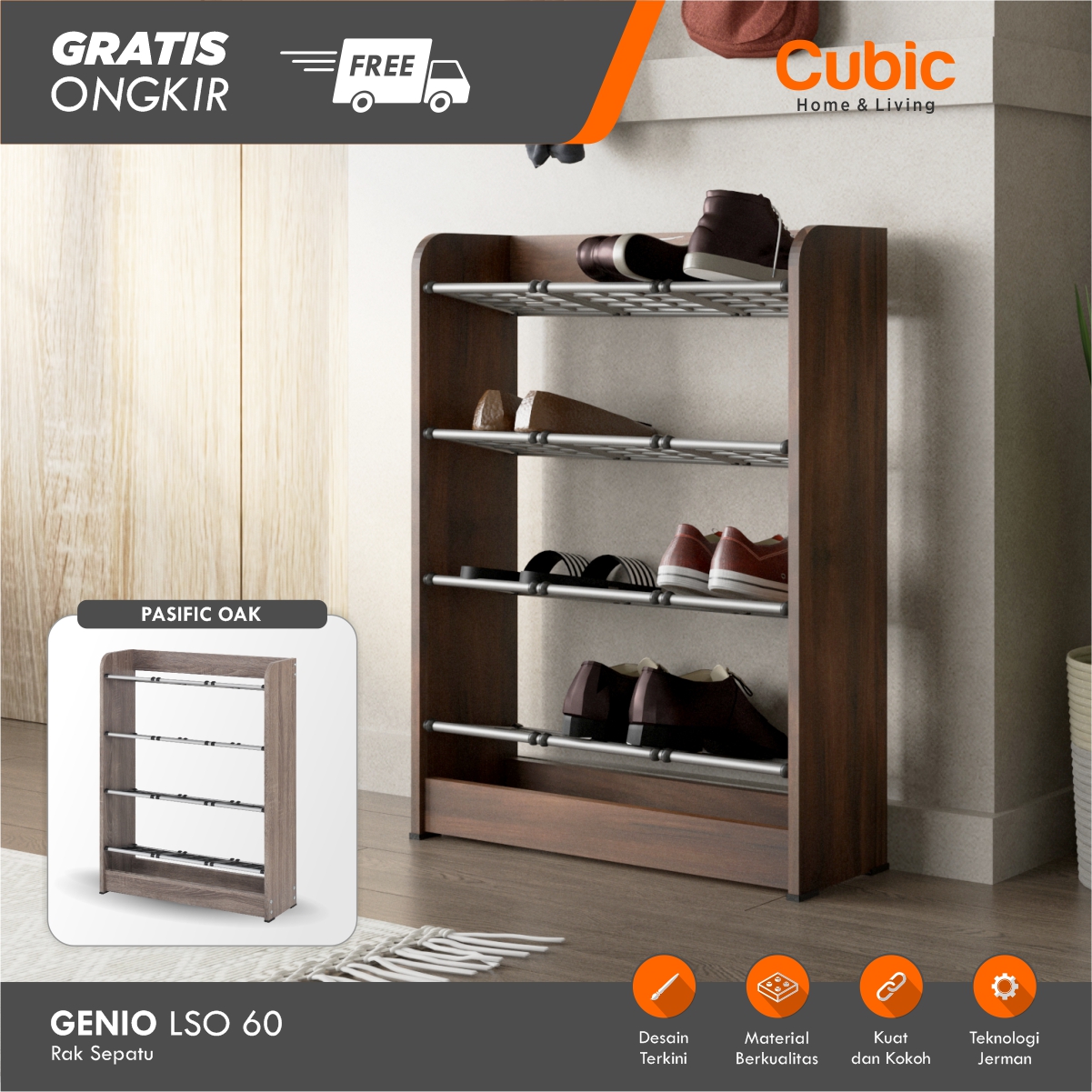 cubic rak sepatu modern minimalis / rak sepatu 4 tingkat / genio lso 60 -  motif kayu