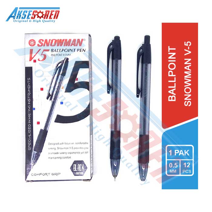 Jual Pulpen Snowman [V5/12 pcs] / Ballpoint Pena Pen Tinta Warna Hitam