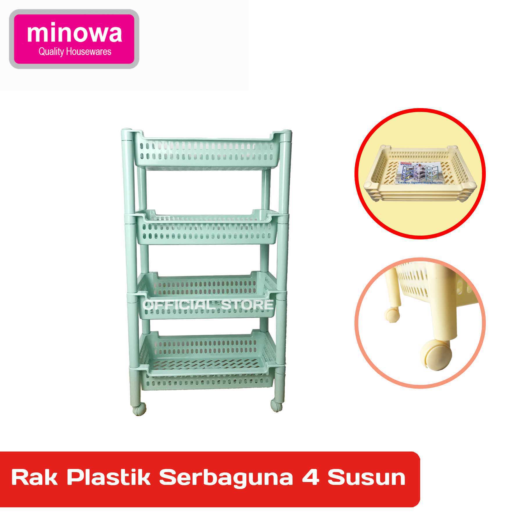 minowa rak susun plastik ukuran besar / rak serbaguna susun 4 dengan roda  rak salon