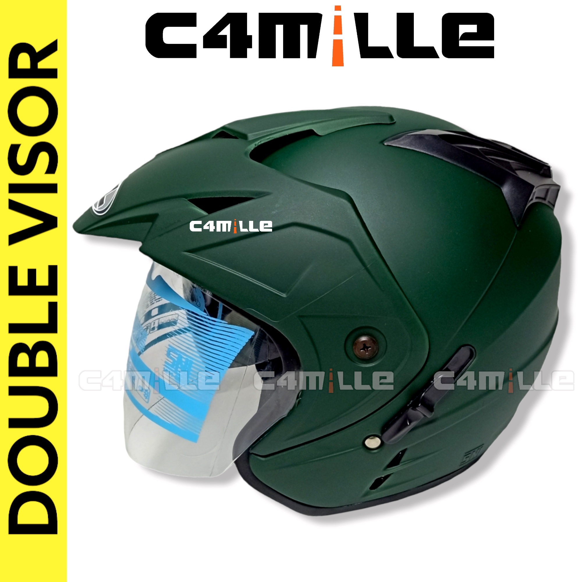 Promo HELM DUKE SOLID HIJAU ARMY DOFF DOUBLE VISOR HALF FACE MURAH SNI