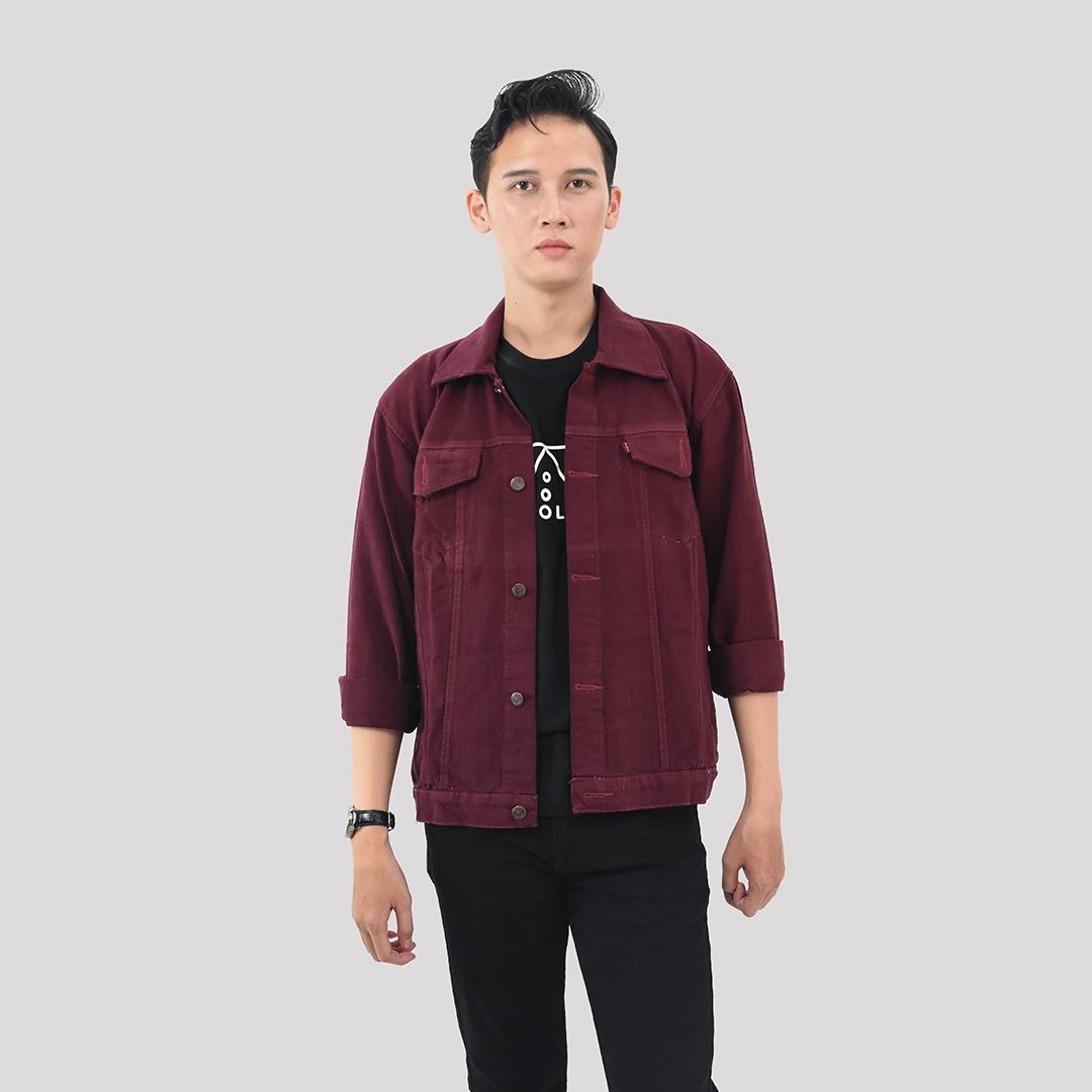 Promo Trucker Denim Jacket Jaket Jeans Merah Maroon Casual Jaket