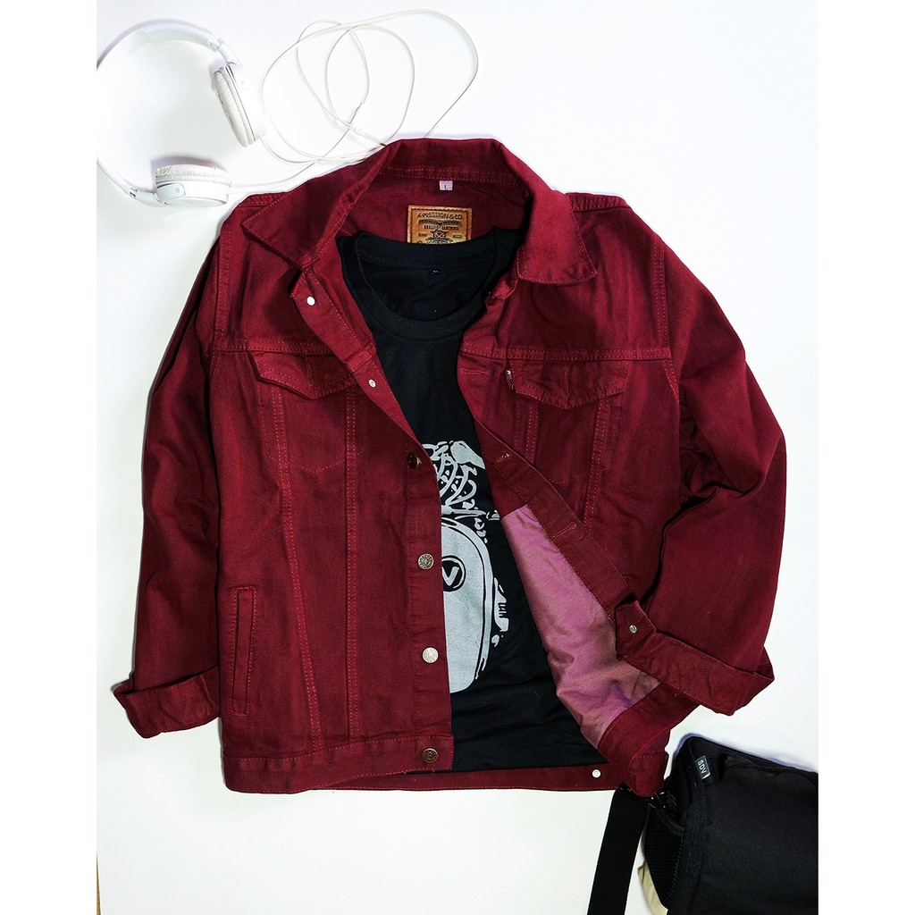 Jaket denim maroon hot sale