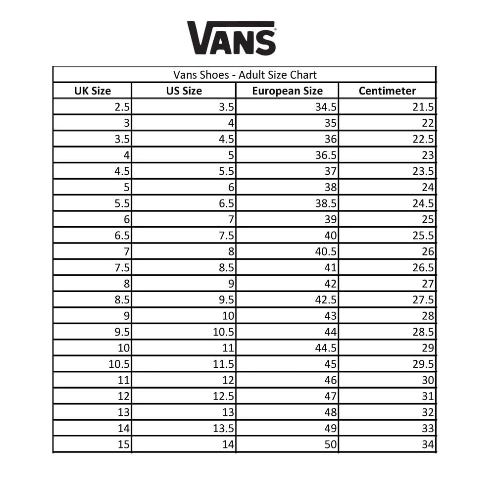 Size chart hotsell vans old skool