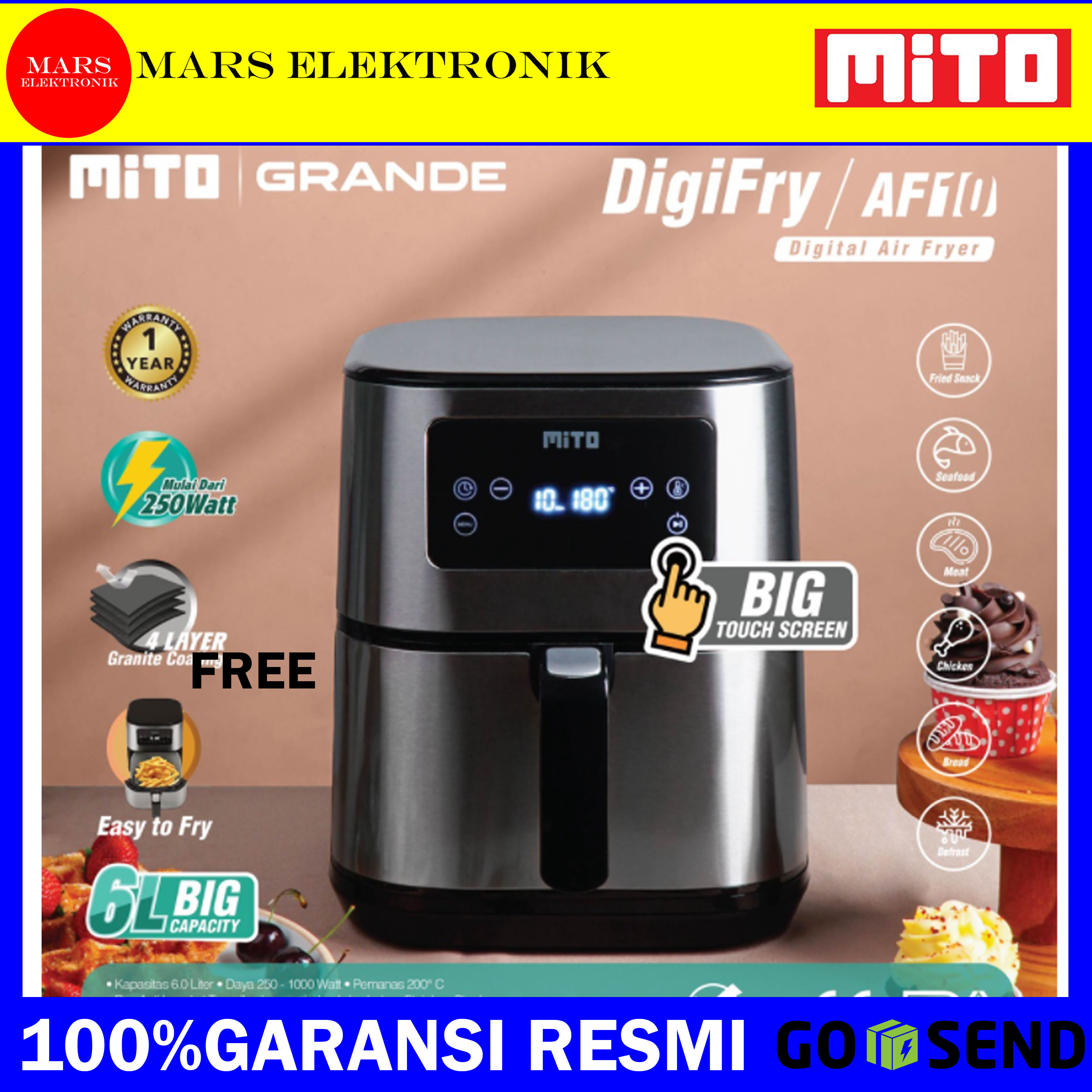 Jual AIR FRYER MITO AF10 GRANDE / 6 LITER / DIGITAL AIR FRYER / LOW