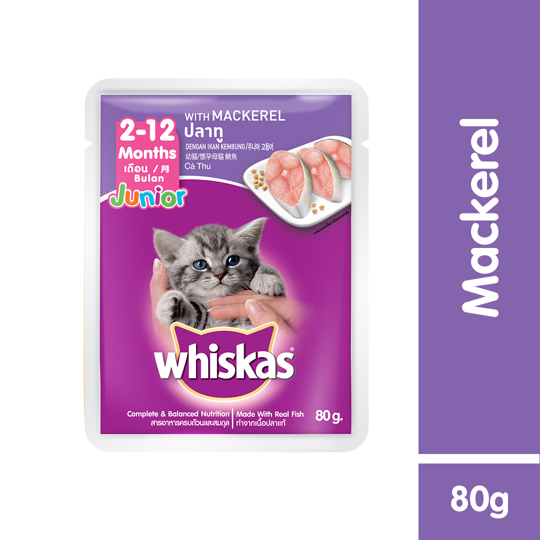 Promo WHISKAS® Makanan Kucing Basah Pouch Junior Rasa Mackerel 80g