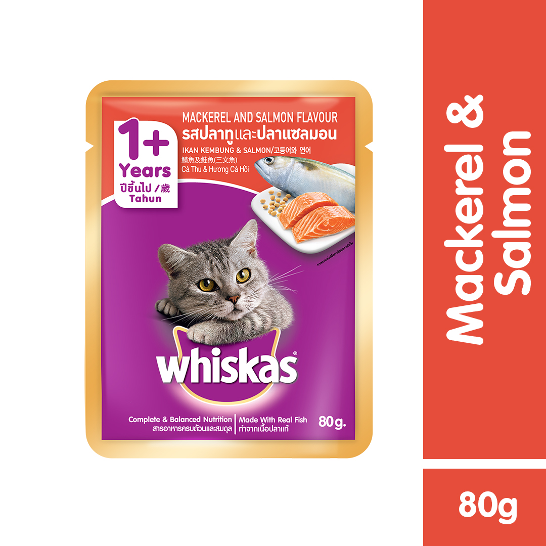 Promo WHISKAS® Makanan Kucing Basah Pouch Adult Rasa Mackerel & Salmon