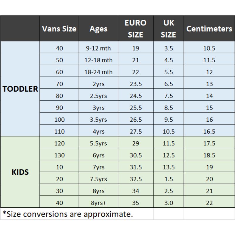 size chart vans kids