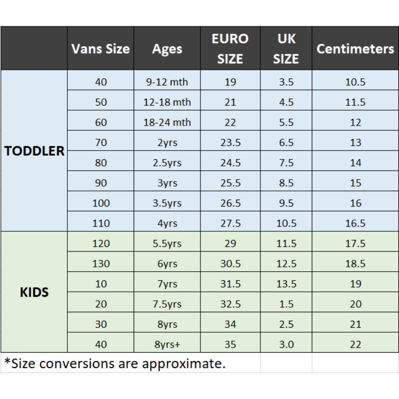 vans infant size chart