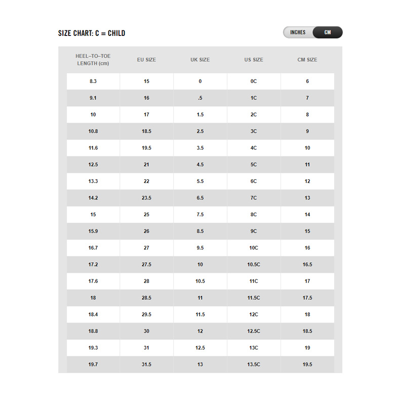 Cortez size chart shop