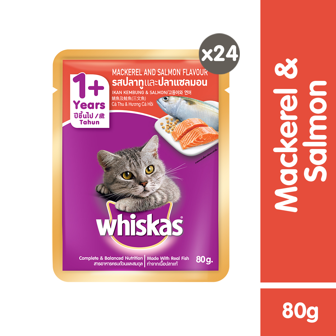 Promo WHISKAS® Makanan Kucing Basah Pouch Adult Rasa Mackerel & Salmon
