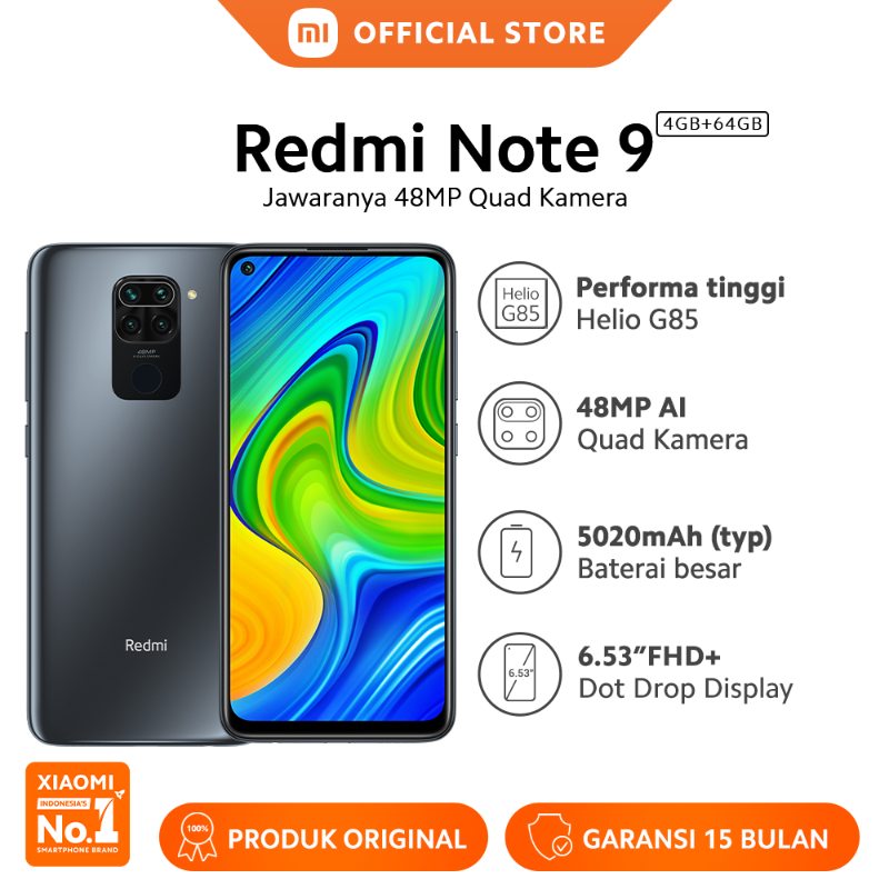 Jual Xiaomi Redmi Note 9 Smartphone - Black [64 GB/4 GB] - Garansi