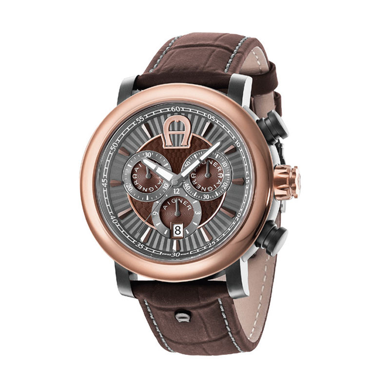 Aigner Bari Chrono A37520 Leather Jam Tangan Pria - Brown